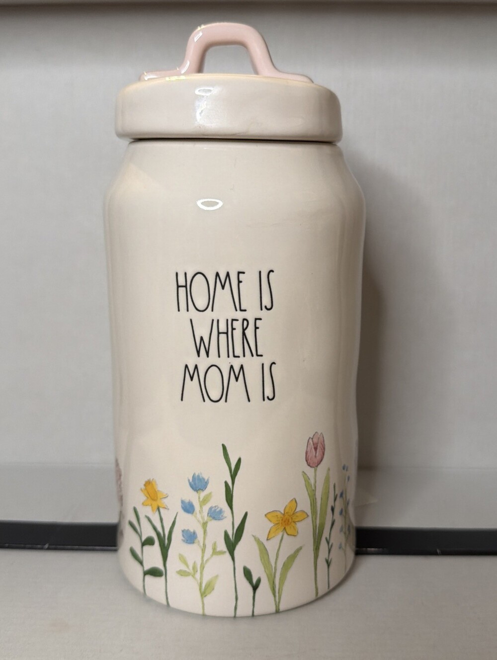 Rae Dunn Home Is Where Mom Is Wraparound Flowers 9-1/2" Tall Canister, NO SEAL